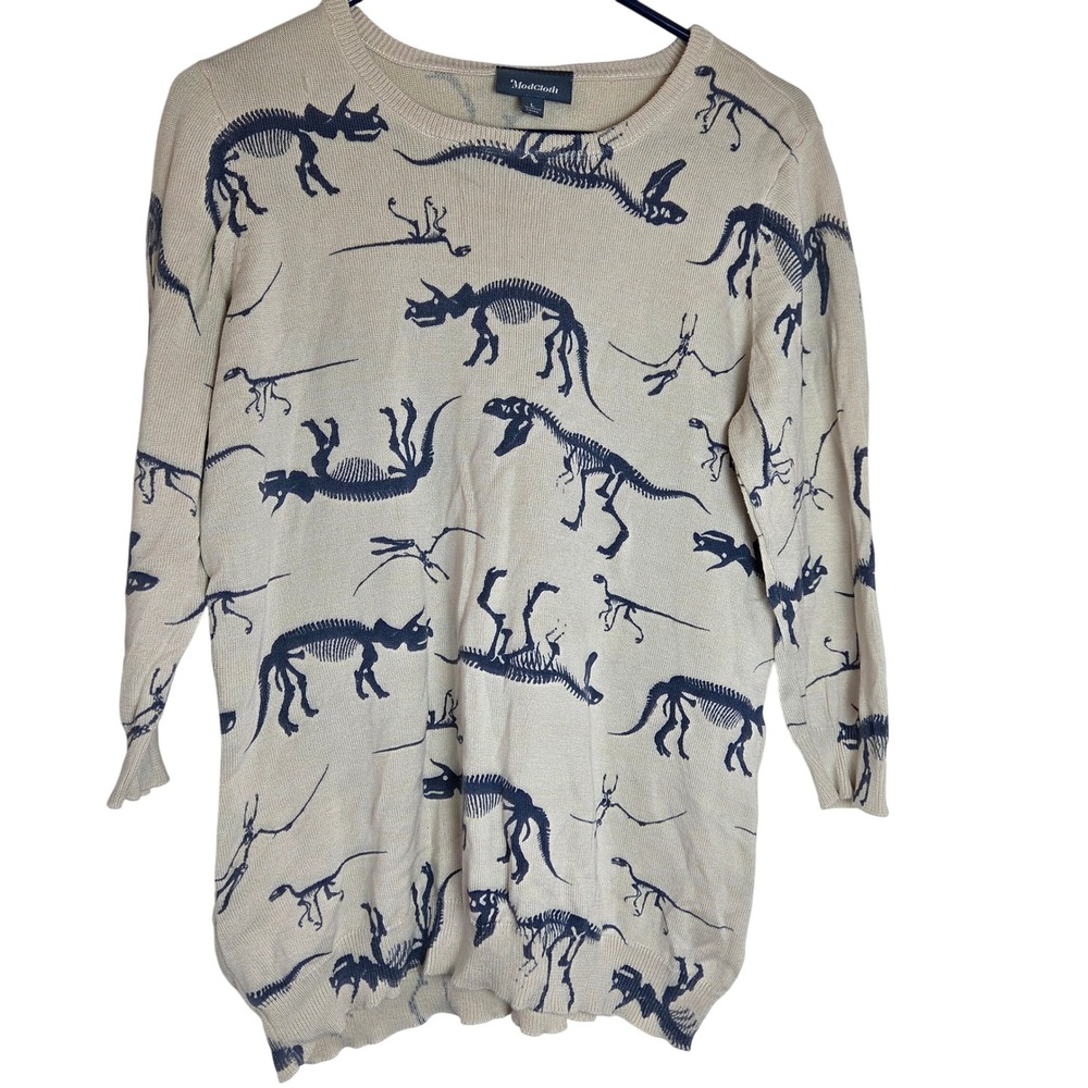 ModCloth Dinosaur Skeleton Sweater Tunic Large Beige Fossil Print Cotton Knit